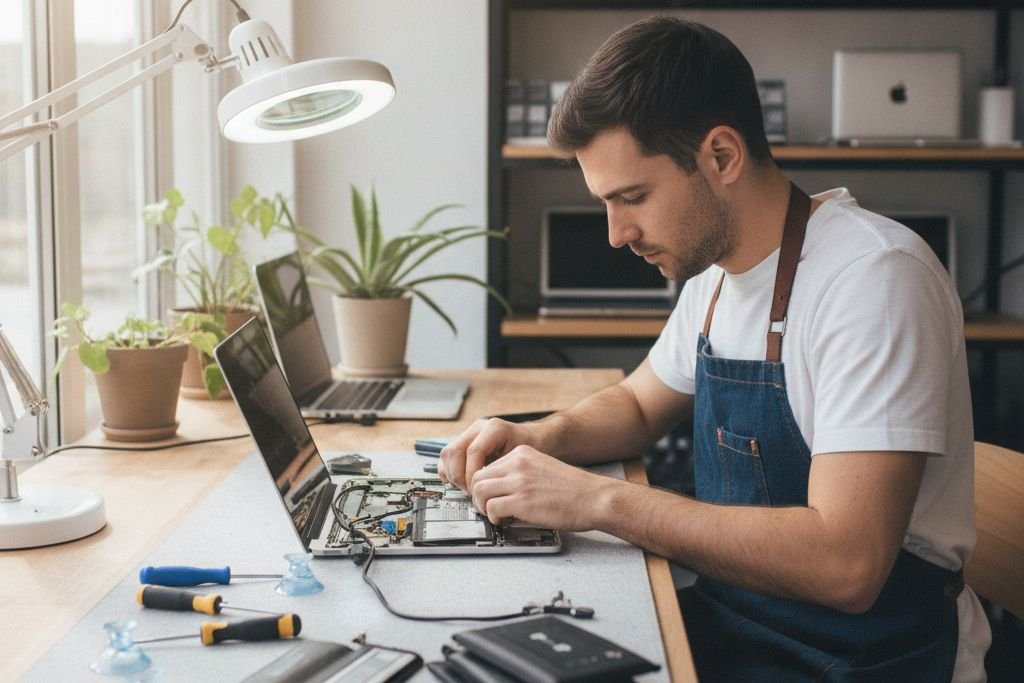 MacBook dizüstü bilgisayarda batarya değişimi yapan teknik servis görüntüsü